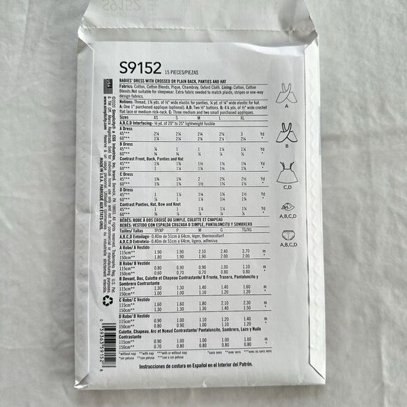 Simplicity 9152 Infant Dress Bummie Hat Sewing Pattern Size XS-XL UNCUT - Picture 3 of 3